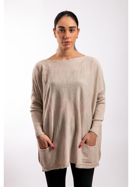 Bej Oversize Çift Cepli Tunik