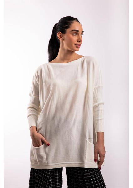 Ekru Oversize Çift Cepli Tunik