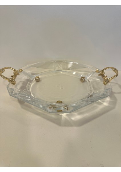 Sunum Tabağı Kesme Kristal Altın Kulplu