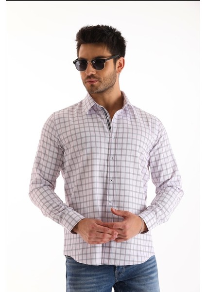 Beyaz Ekose Kareli Regular Erkek Gömlek
