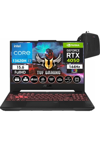 Tuf Gaming F15 FX507VU-LP257 13. Nesil Intel I7-13620H 32GB Ddr5 Ram  4tb SSD Freedos 15.6 Inç Fhd 144Hz 6gb RTX4050 140W Taşınabilir Bilgisayar FX507VU-LP25708+WEBLEGELSINÇANTA