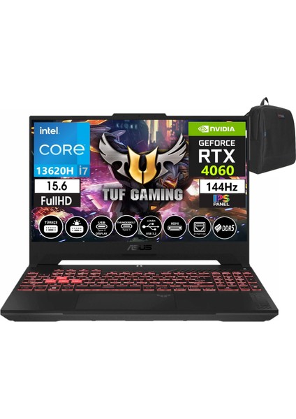 Tuf Gaming F15 FX507VV-LP242 13. Nesil Intel I7-13620H 16GB Ddr5 Ram  2tb SSD Freedos 15.6 Inç Fhd 144Hz 8GB/RTX4060 140W Taşınabilir Bilgisayar FX507VV-LP24203+WEBLEGELSINÇANTA