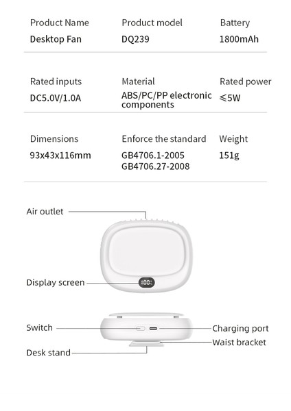 2024 Yeni 1800MAH El Tipi Mini Fan 5 Hızlı Ekranlı USB Şarjı (Yurt Dışından)