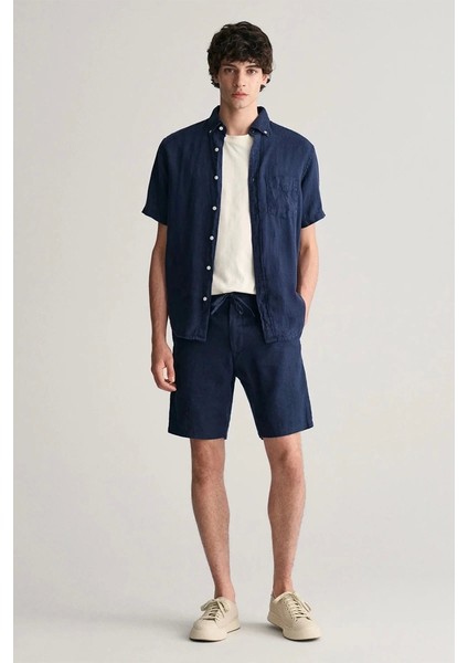 Erkek Lacivert Relaxed Fit Keten Şort