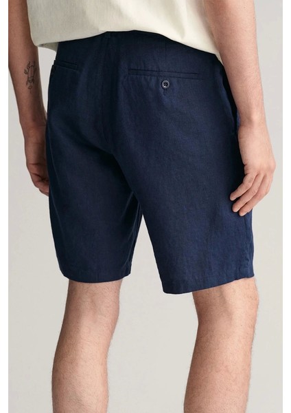 Erkek Lacivert Relaxed Fit Keten Şort