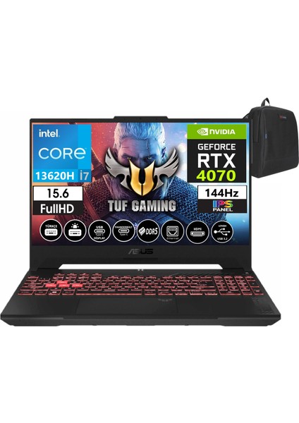 Tuf Gaming F15 FX507VI-LP096 13. Nesil Intel I7-13620H 16GB Ddr5 Ram 512GB SSD WINDOWS11HOME 15.6 Inç Fhd 144Hz 8GB/RTX4070 140W Taşınabilir Bilgisayar FX507VI-LP09617+WEBLEGELSINÇANTA
