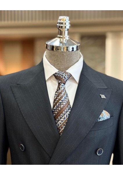 Italyan Stil Slim Fit Çizgili Kruvaze Ceket Pantolon Takım Elbise Lacivert T11687 modelleri