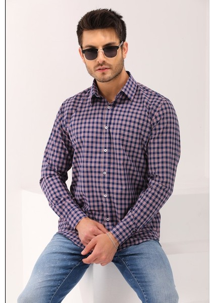 Lacivert Ekose Kareli Regular Erkek Gömlek