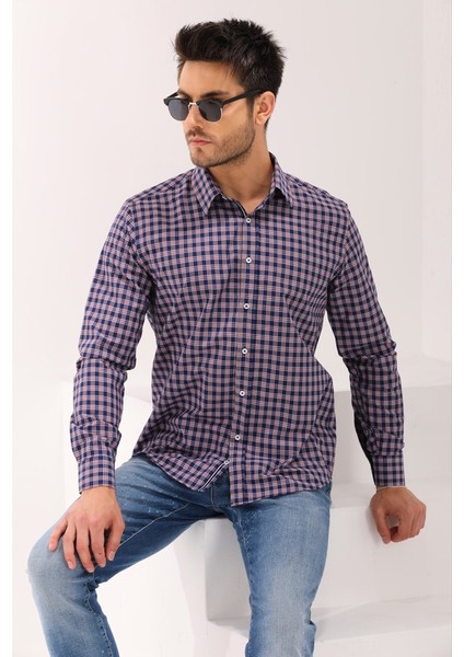 Lacivert Ekose Kareli Regular Erkek Gömlek fiyatları