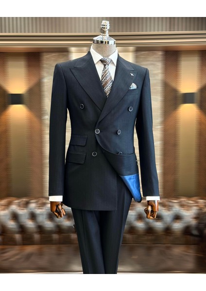 Italyan Stil Slim Fit Çizgili Kruvaze Ceket Pantolon Takım Elbise Lacivert T11687