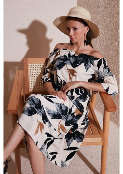 Yaprak Desenli Carmen Yaka Midi Elbise Kadın Elbise 5865053 fiyatları