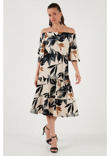 Yaprak Desenli Carmen Yaka Midi Elbise Kadın Elbise 5865053 modelleri