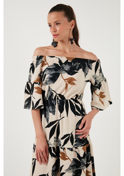 Yaprak Desenli Carmen Yaka Midi Elbise Kadın Elbise 5865053 fırsatları