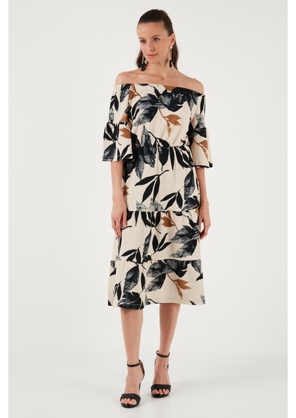 Yaprak Desenli Carmen Yaka Midi Elbise Kadın Elbise 5865053 indirimleri