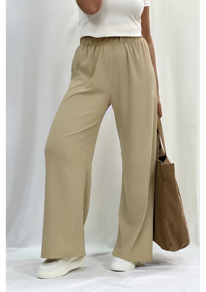 Kadın Yüksel Bel Bol Paça Bürümcük Cepli Palazzo Pantolon