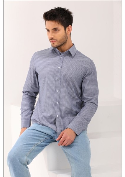 Indigo Ekose Kareli Pamuk Polyester Regular Erkek Gömlek