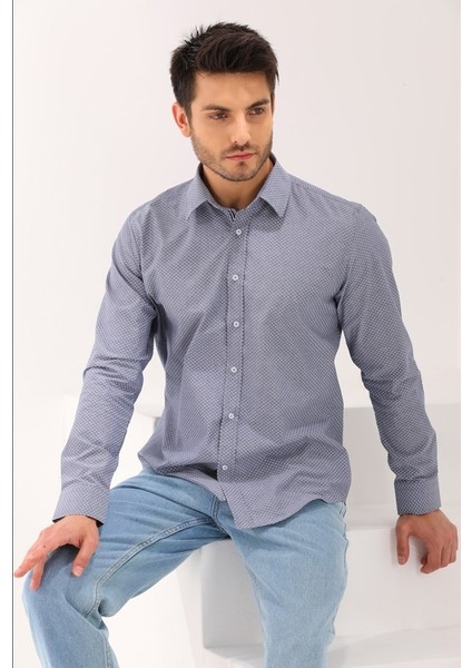 Indigo Ekose Kareli Pamuk Polyester Regular Erkek Gömlek