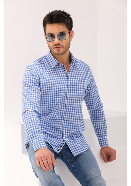 Mavi Ekose Kareli Şeritli Regular Erkek Gömlek