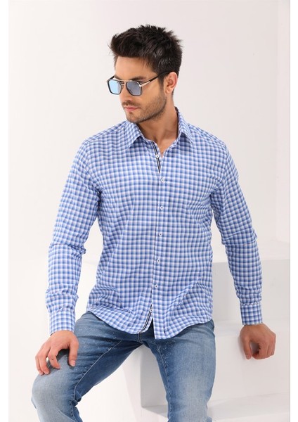 Mavi Ekose Kareli Şeritli Regular Erkek Gömlek fiyatları