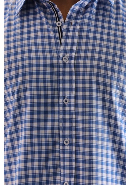 Mavi Ekose Kareli Şeritli Regular Erkek Gömlek modelleri
