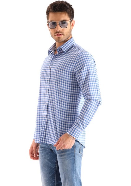 Mavi Ekose Kareli Şeritli Regular Erkek Gömlek indirimleri