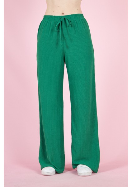 Kadın Yüksel Bel Bol Paça Bürümcük Cepli Palazzo Pantolon