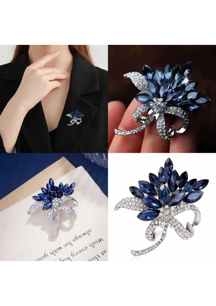 Broş Metal Rozet Buket Mavi Taşlı Kristal Fiyonk Yaka Kıyafet Şapka Takı Aksesuar Hediye fırsatları