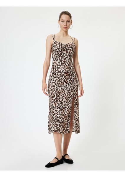 Midi Elbise Askılı Leopar Desenli Yırtmaçlı Degaje Yaka Slim Fit