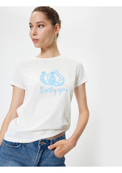 Slogan Baskılı Tişört Bisiklet Yaka Kısa Kollu Pamuklu