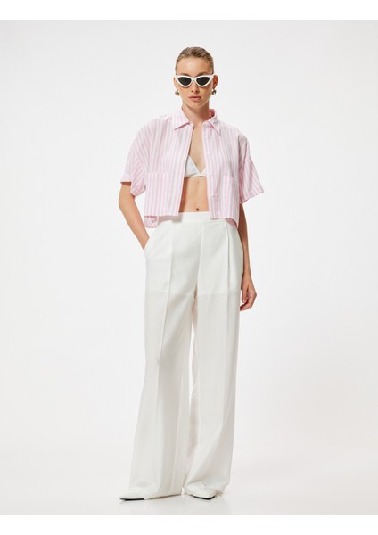 Crop Keten Gömlek Kısa Kollu Cep Detaylı Rahat Kalıp fiyatları