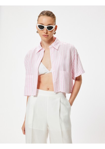 Crop Keten Gömlek Kısa Kollu Cep Detaylı Rahat Kalıp modelleri