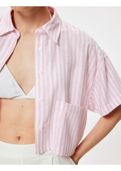 Crop Keten Gömlek Kısa Kollu Cep Detaylı Rahat Kalıp indirimleri