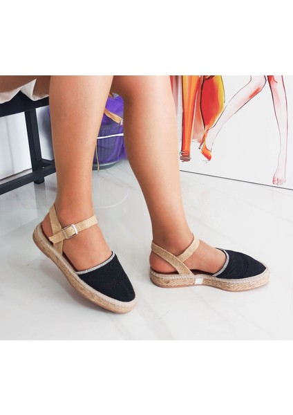 Siyah Renk Hasır Kaplama Taban Triko Taş Detaylı Kadın Sandalet fiyatları