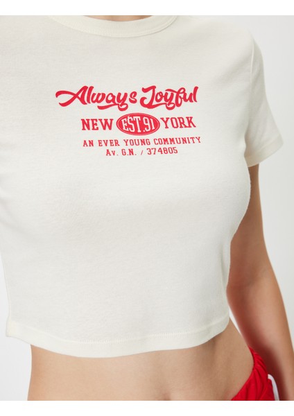 Crop Tişört Slogan Baskılı Bisiklet Yaka Kısa Kollu Pamuklu