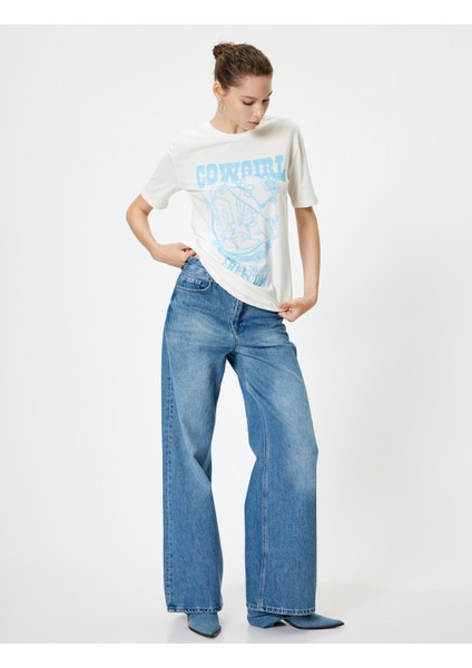 Oversize Tişört Slogan Baskılı Bisiklet Yaka Kısa Kollu Pamuklu fiyatları