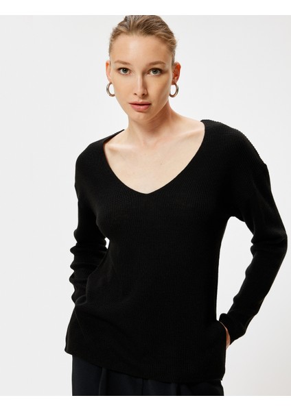 V Yaka Triko Kazak Kalça Boy Uzun Kollu Fitilli fiyatları