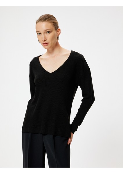 V Yaka Triko Kazak Kalça Boy Uzun Kollu Fitilli modelleri