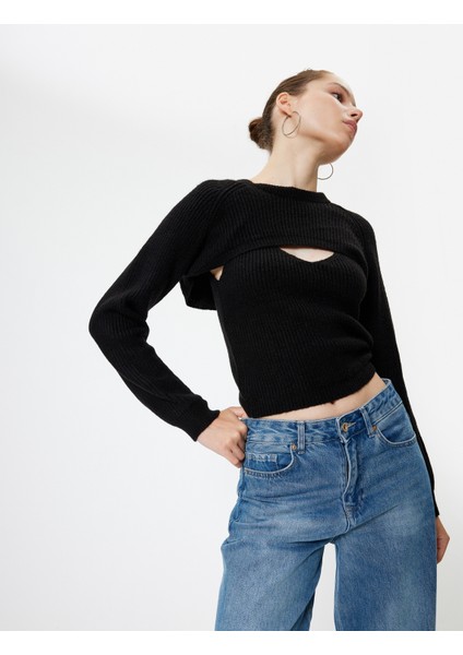 Triko Kazak Pencere Detaylı Bisiklet Yaka Uzun Kollu