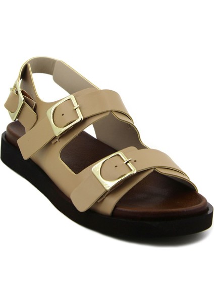 Nut Renk Bantlı Kemerli Tokalı Düz Taban Kadın Sandalet