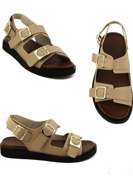 Nut Renk Bantlı Kemerli Tokalı Düz Taban Kadın Sandalet fırsatları
