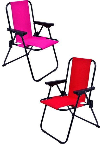 2 Adet Lüx Çocuk Piknik Sandalyesi 2-6 Yaş Mini Kamp Sandalyesi-Kırmızı-Pembe