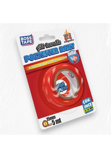 Çift Taraflı Polyester Bant 15 mm-5 mt 140 °c Isıya Dayanıklı modelleri