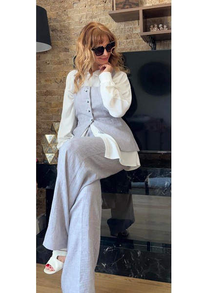 Kadın Keten Kare Yaka Yelek Pantolon Ikili Takım Tesettür Uyumlu Yelek Pantolon Ikili Takım