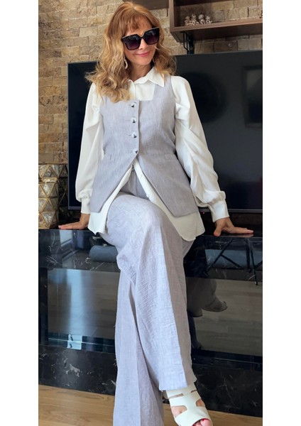 Kadın Keten Kare Yaka Yelek Pantolon Ikili Takım Tesettür Uyumlu Yelek Pantolon Ikili Takım fırsatları