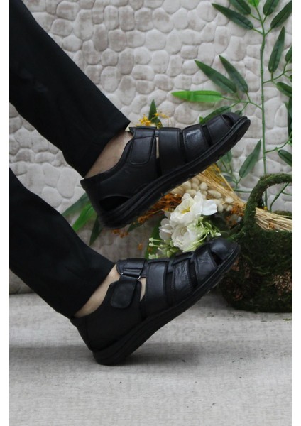 102 Siyah Kale Comfort Deri Erkek Sandalet