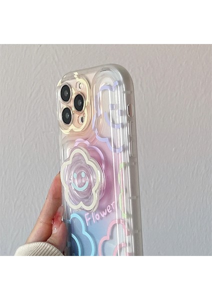 iPhone 14 Pro Uyumlu Kore Tarzı Neon Çiçekli Pop Socketli Kapak Kılıf Sarı