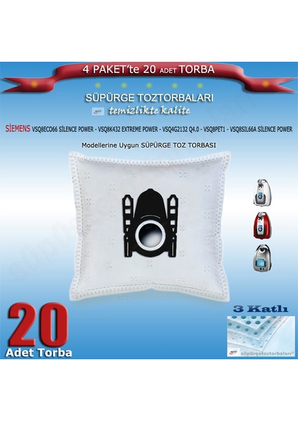 Siemens VSQ8ECO66 Silence Power - VSQ8K432 Extreme Power - VSQ4G2132 Q4.0 - VSQ8PET1 - VSQ8SIL66A Silence Power Modellerine Uygun 20 Adet Süpürge Toz Torbası 200620