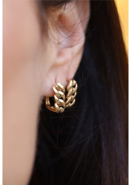 14 Ayar Altın Zincir Detaylı Klipsli Küpe