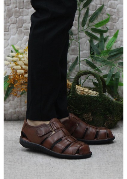102 Taba Kale Comfort Deri Erkek Sandalet