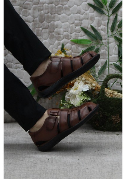 102 Taba Kale Comfort Deri Erkek Sandalet